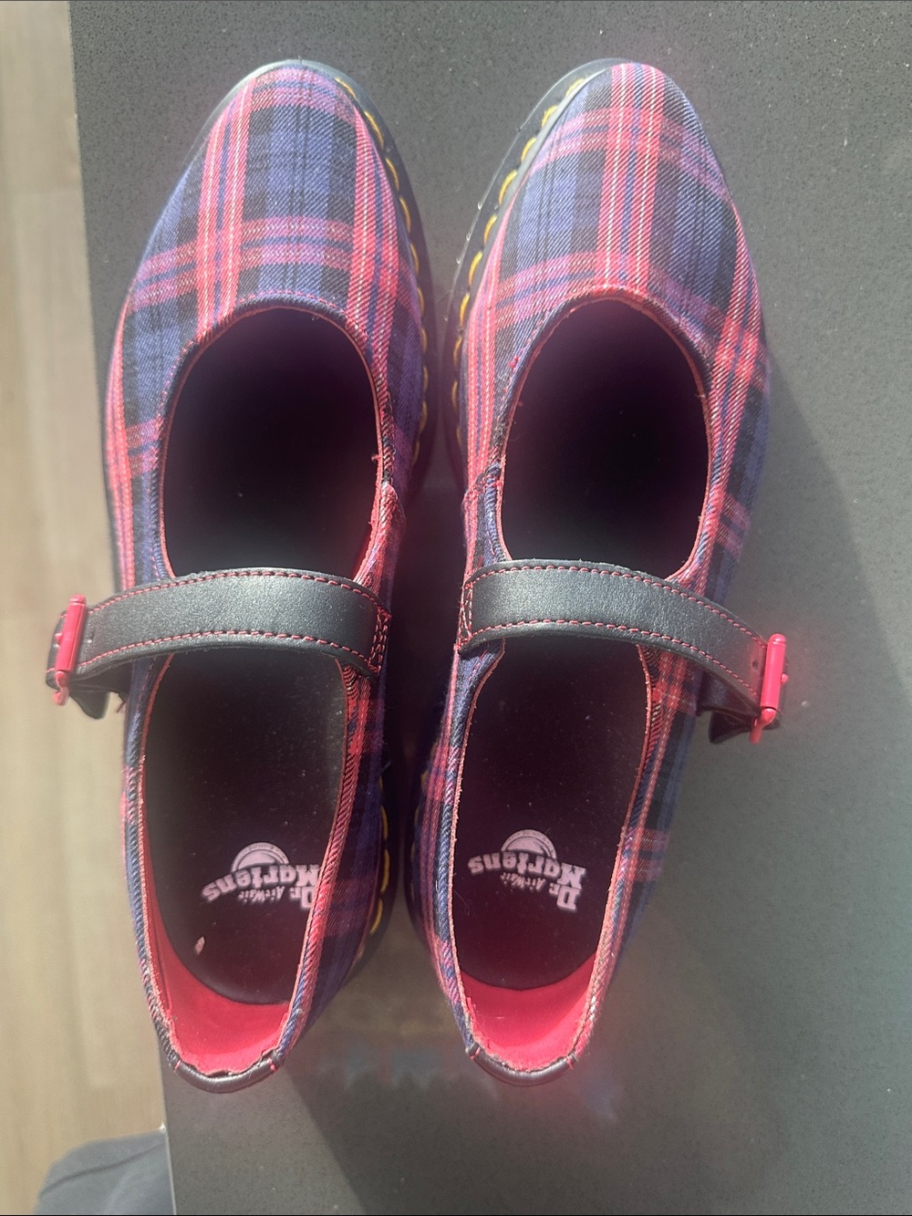 Girls Plaid Mary Jane Shoes with Black Strap - Red/Blue